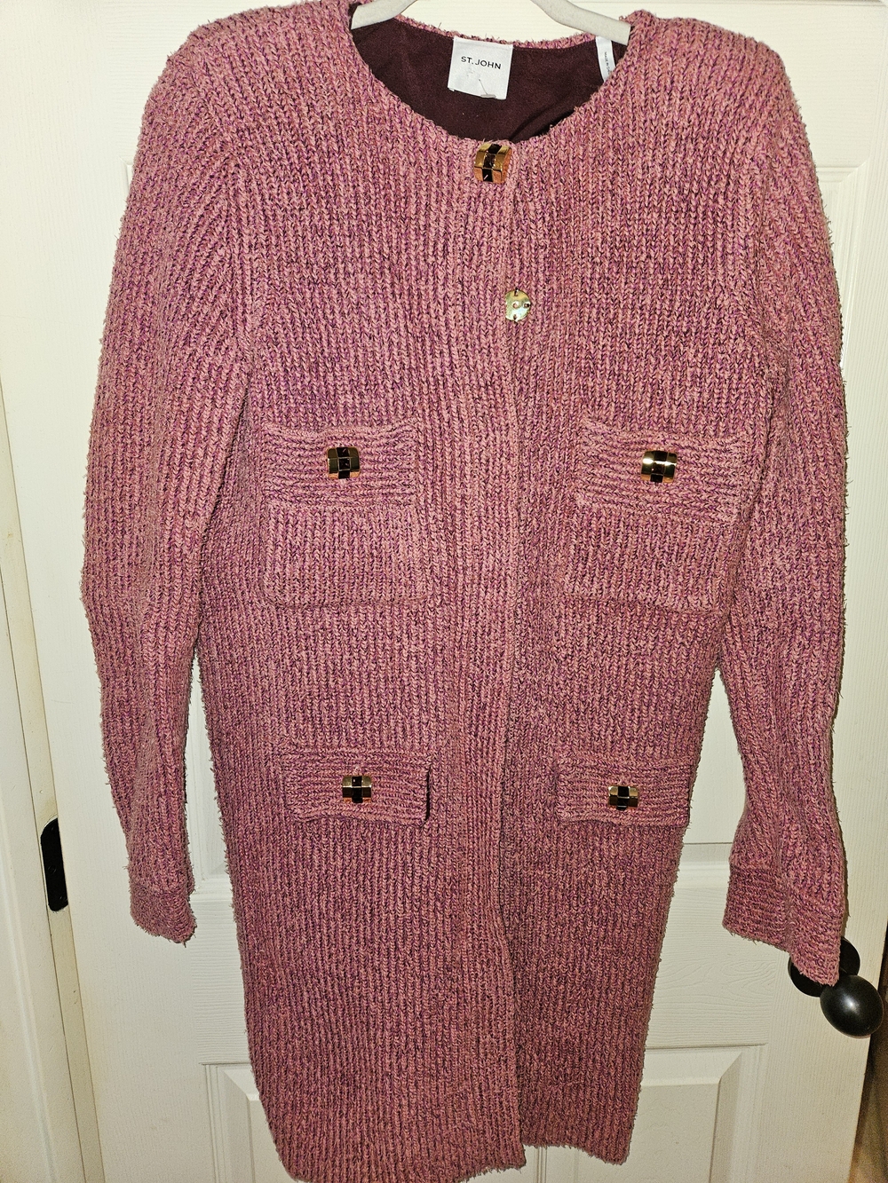 St. John Pink Bouclé Knit Long Cardigan